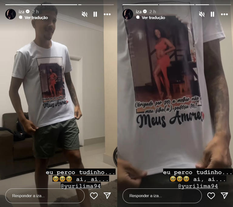 IZA se emociona com homenagem de Yuri Lima a ela e à filha em camiseta: ‘Eu mandei fazer’
